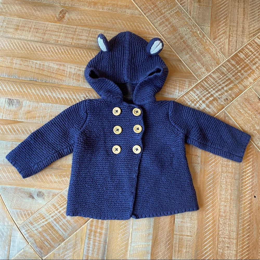 Baby Boden Navy Blue 6-12month Animal Ear Hooded Knit Wool Sweater Jacket